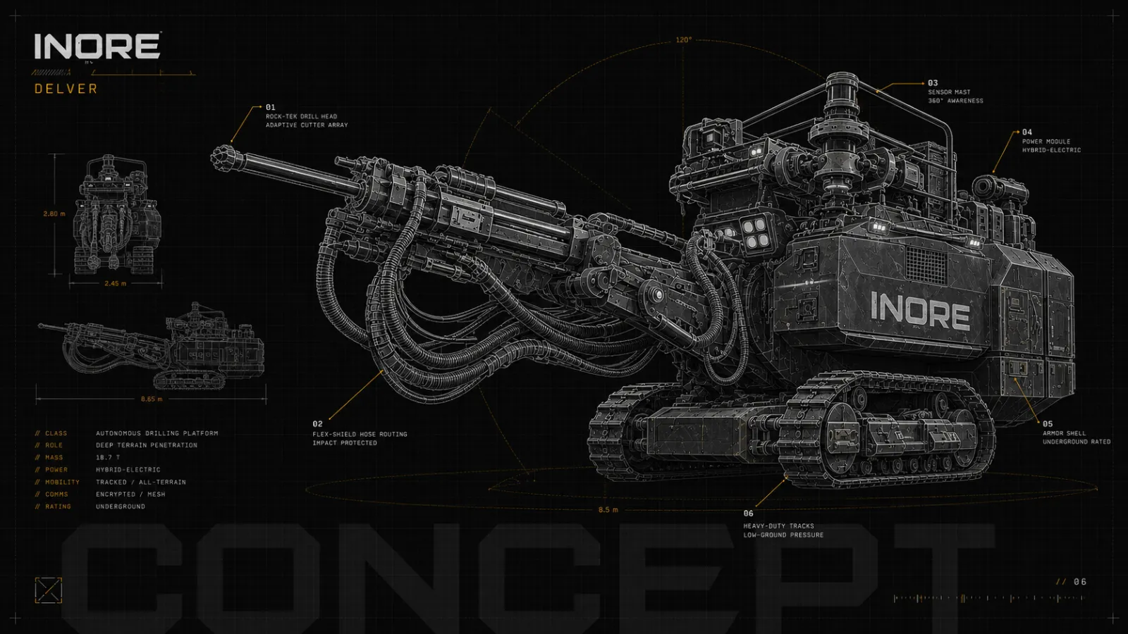 DELVER deep-bore platform, engineering concept schematic with dimensions and callouts