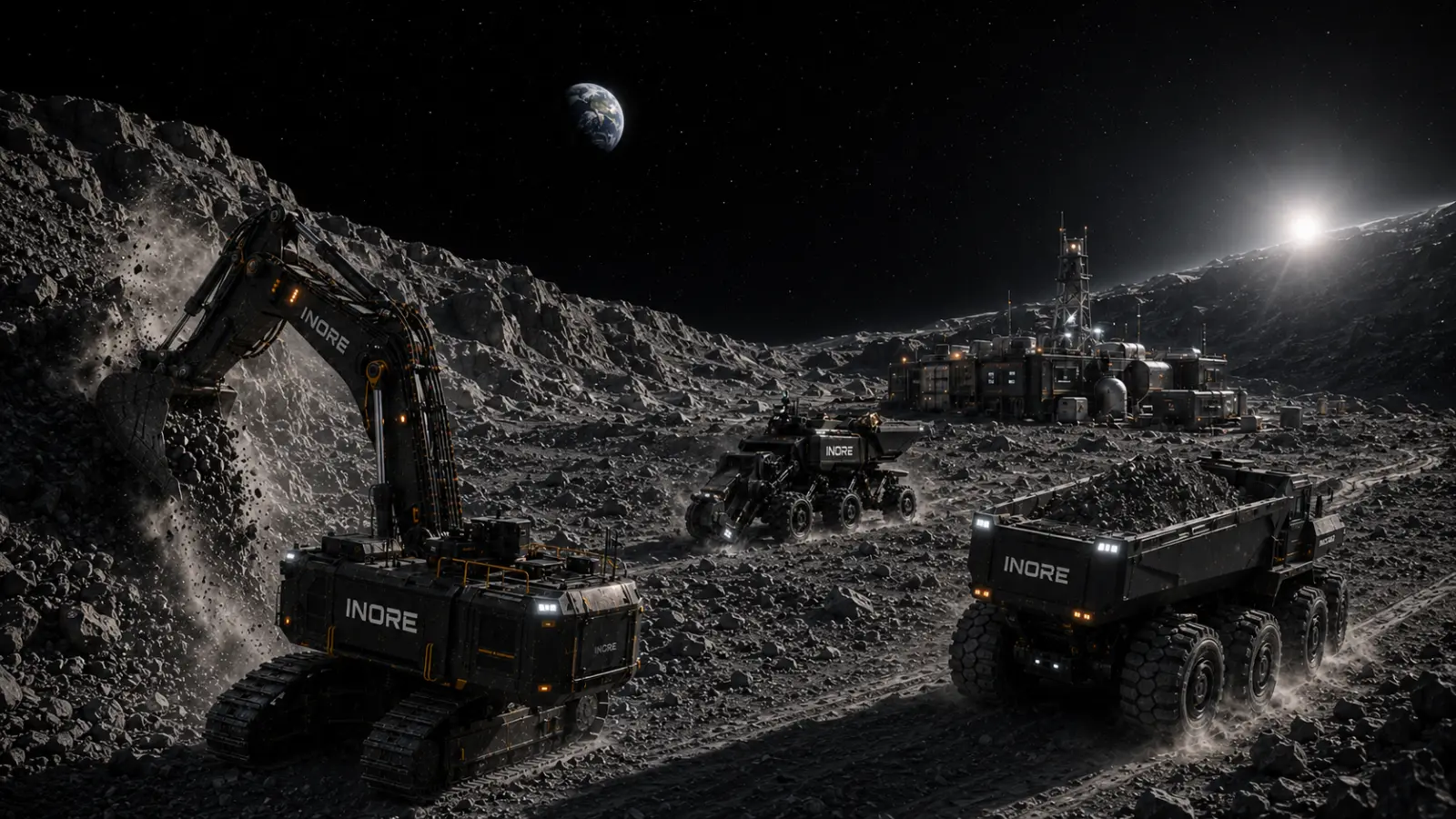 Autonomous mining operations on regolith, Earth on the horizon